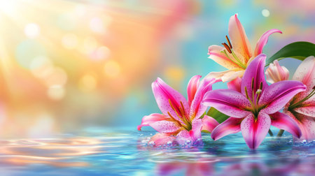 Brightly colored exotic lilies with subtle water droplets reflecting warm sunlight, luxurious aesthetic generative aiの素材