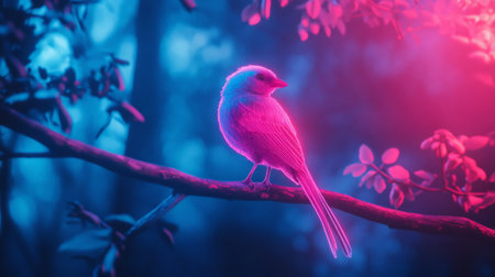 Bird with translucent feathers that glow pink and blue, perched on a neon tree branch in a forest generative aiの素材