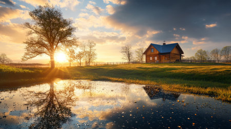 Charming rural house under a clear sky, water drops reflecting the sunlight, quiet and warm. generative aiの素材