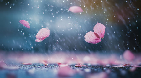 Cherry blossom petals and small leaves floating gracefully in the air, rain droplets creating a dreamy effect, springtime warmth, generative aiの素材