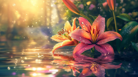 Brightly colored exotic lilies with subtle water droplets reflecting warm sunlight, luxurious aesthetic generative aiの素材