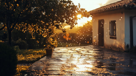 Charming rural house under a clear sky, water drops reflecting the sunlight, quiet and warm. generative aiの素材