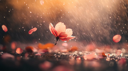Cherry blossom petals and small leaves floating gracefully in the air, rain droplets creating a dreamy effect, springtime warmth, generative aiの素材