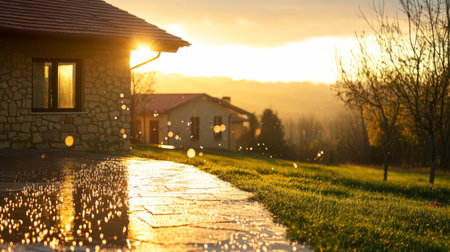 Charming rural house under a clear sky, water drops reflecting the sunlight, quiet and warm. generative aiの素材