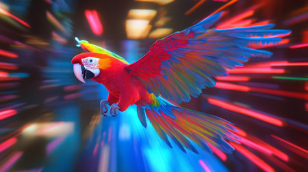 Brightly colored macaw flying through a virtual reality simulation, glitchy effects and glowing lines generative aiの素材