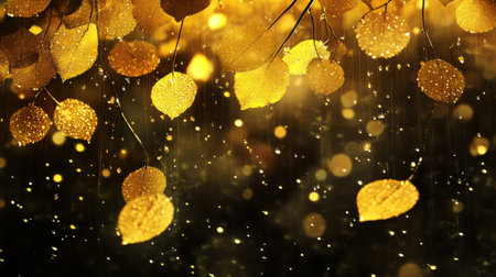 Aspen leaves shimmering as they descend, illuminated by a warm golden glow, scattered raindrops enhancing their beauty, generative aiの素材