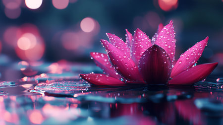 Blooming lotus flower in vivid pink hues, covered in delicate water droplets, set against a calm pond background generative aiの素材