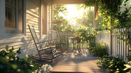 A cozy front porch with rocking chairs and a small table, surrounded by green plants and a white picket fence, generative aiの素材