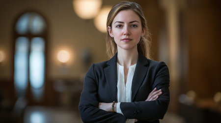 Confident lawyer standing with arms crossed, medium shot, wearing a sharp suit and tie, courthouse background out of focus generative aiの素材