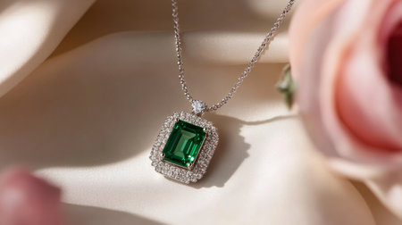 Double layer necklace with a small diamond disc on the first layer and a rectangular emerald pendant. generative aiの素材