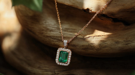 Double layer necklace with a small diamond disc on the first layer and a rectangular emerald pendant. generative aiの素材
