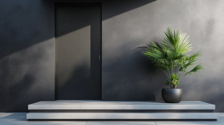 Minimalist front porch with concrete steps, black door, and a single potted plant, sleek and modern generative aiの素材