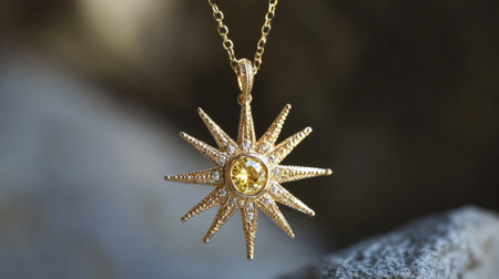 Starburst pendant necklace with a center yellow diamond, generative aiの素材