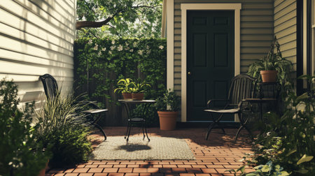 Simple front porch with doormat, small table and two chairs, surrounded by potted plants. generative aiの素材