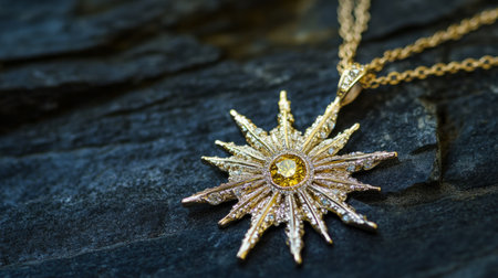Starburst pendant necklace with a center yellow diamond, generative aiの素材
