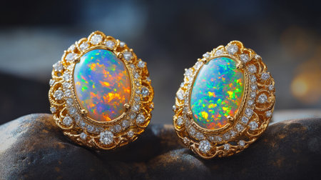 Statement earrings with a large oval opal surrounded by diamonds generative aiの素材