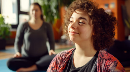 young adult with visual impairment participating in a yoga class, guided by a teacher, generative aiの素材