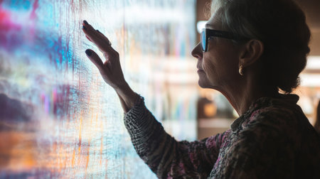 visually impaired woman touching a textured artwork in a gallery, tactile exploration, art background generative aiの素材