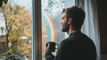 Man standing by a window with a rainbow visible outside, cup of coffee in hand, generative aiの素材