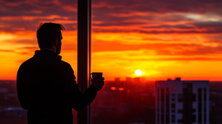 Man looking at the sunset through a high glass window, coffee with milk in his hand generative aiの素材