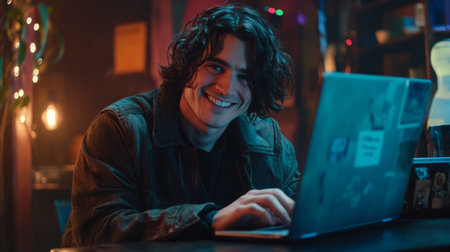 Smiling man with medium length hair researching on a laptop generative aiの素材