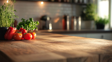 rustic wooden counter with tomatoes, peppers and herbs, blurred background generative aiの素材