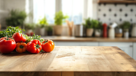 rustic wooden counter with tomatoes, peppers and herbs, blurred background generative aiの素材