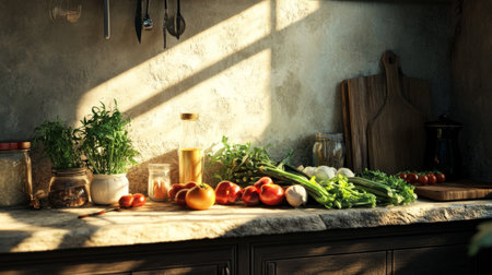 stone counter full of fresh vegetables generative aiの素材