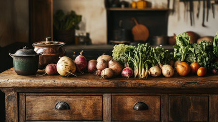 Rustic wooden kitchen countertop with a variety of root vegetables, earth tones, generative aiの素材