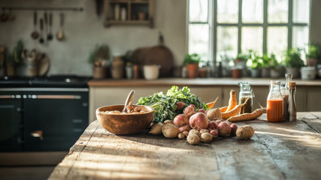 Rustic wooden kitchen countertop with a variety of root vegetables, earth tones, generative aiの素材