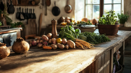 Rustic wooden kitchen countertop with a variety of root vegetables, earth tones, generative aiの素材