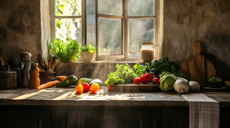 stone counter full of fresh vegetables generative aiの素材