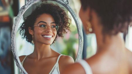 woman standing in front of a mirror, smiling at her reflection, generative aiの素材