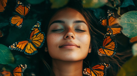 Woman surrounded by butterflies, which symbolizes transformation and growth. generative aiの素材