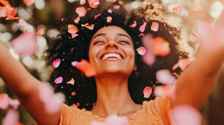 woman with a joyful expression, throwing flower petals in the air, generative aiの素材