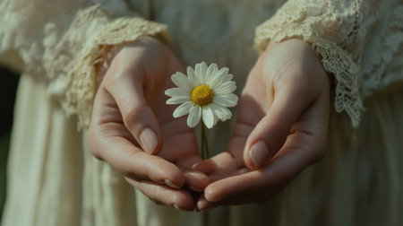 Closeup of a woman's hands holding a delicate daisy, generative aiの素材