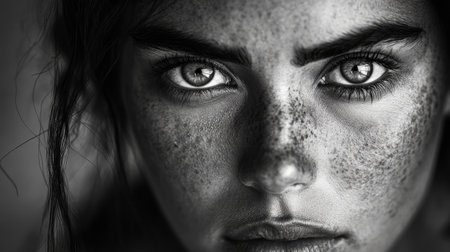 Black and white portrait of a strong woman with determined eyes, generative aiの素材