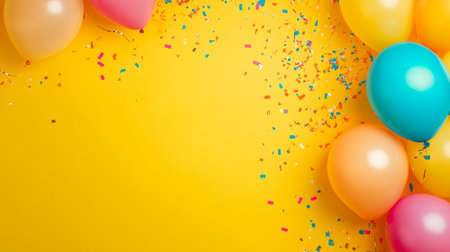 Bright and cheerful yellow background with party balloons and confetti generative aiの素材