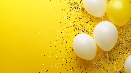 Bright and cheerful yellow background with party balloons and confetti generative aiの素材