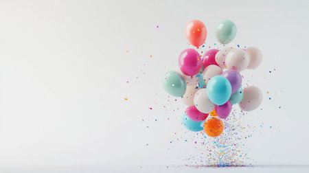 Confetti explosion with colorful balloons on a white background. generative aiの素材