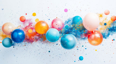 Confetti explosion with colorful balloons on a white background. generative aiの素材
