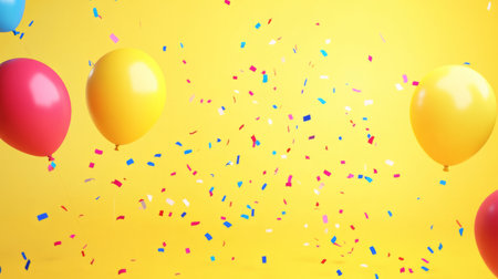 Bright yellow background with floating confetti and balloons. generative aiの素材
