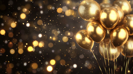 Bokeh light effect background with golden balloons, luxurious and festive celebration theme generative aiの素材
