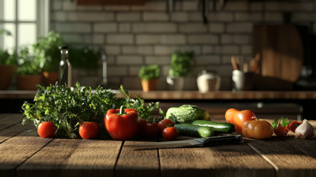 Freshly washed vegetables on a wooden table, knife placed for chopping generative aiの素材