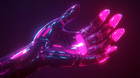 Isolated hand with neon outlines, cyberpunk aesthetic, vibrant background generative aiの素材