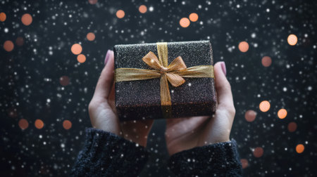 Isolated hand offering a shiny gift box, festive atmosphere generative aiの素材