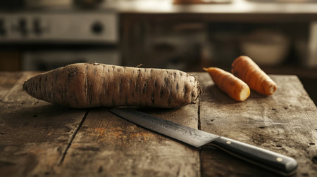 tubers on a rustic wooden table, a sharp knife placed diagonally generative aiの素材