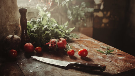 Rustic table with fresh organic vegetables, a sharp knife placed next to them generative aiの素材