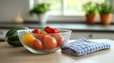 Table with fresh vegetables, a glass container in the center, a folded kitchen towel nearby generative aiの素材