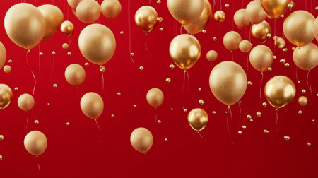 Red background with floating golden balloons, luxurious celebration card generative aiの素材